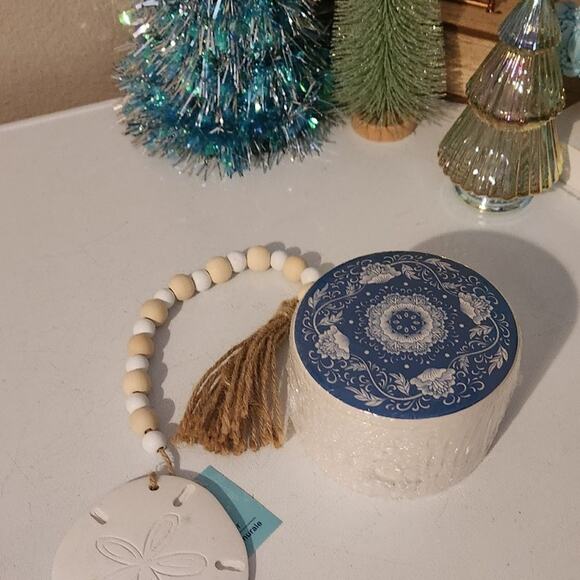 Decor boho calm natural beach short beaded garland & ceramic dish with lid new - Picture 1 of 12